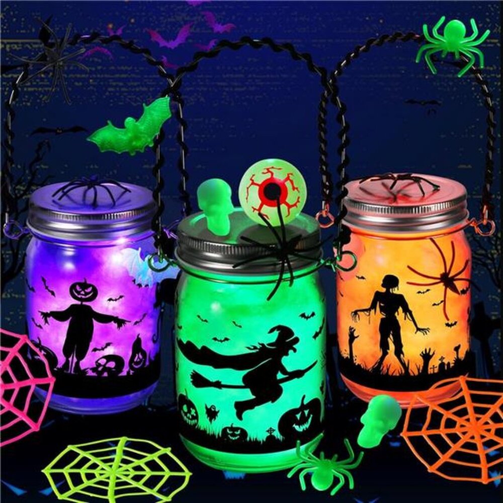 LAKULIO Halloween Crafts for Kids, 3 Pack Glass Mason Jar with Accessories,